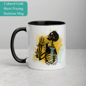 Gold Burst Praying Skeleton Mug