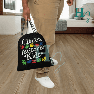 i teach au-some kids drawstring bag honeypegs accessories apparel clothing i teach au-some kids autism awarness bag teacher gym bag teachers gift idea high quality items made in American made and shipped in the USA autism awareness handprints bag autism awarness bag gift teacher gift autism awareness puzzle pieces