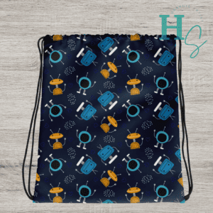 robot world drawstring bag honeypegs graphic artist store high quality items robot merch accessories gym bag kids robot bag kids robot lover gift robot drawstring bag waving heart robots made in us American small clothing brand apparel merch robot guys bag gift robot boy bag