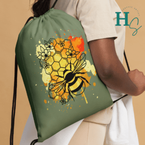 bee comb splatter drawstring bag honeycomb painted bag honeypegs graphic artist apparel store clothing line accessories bee lover gym bag bee lover gift idea birthday holiday sage green honeybee drawstring bag honeypegs high quality bags high quality products made in the USA and shipped in the USA American small business American small clothing store painted honeybee camping bag bee kids sleepover bag