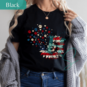 patriotic American flag sunflower paw print graphic tee adult sizing unisex fit dog lover shirt patriotic 4th of July sunflower shirt old distressed paw print sunflower shirt dog lover gift American dog lover shirt graphic tee honeypegs store graphic artist cascading paw prints shirt American flag red white and blue graphic tee red white and blue paw prints shirt adult dog lover dog mom shirt dog dad shirt me and my dog graphic tee