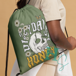 dizzy daisy honey gym bag sage green honeypegs graphic artist custom apparel merch branding butterfly skull badass bag cool design made in usa ships in usa small artist gym rat bag daisy honey skull butterflies daisies design flower lover bag gains gym bag cute punk peace sign bones bag ships in usa