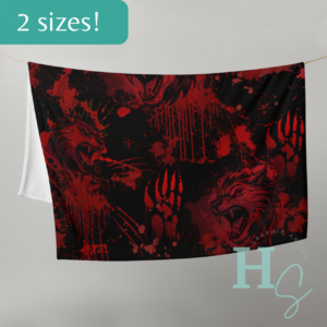 blood beast wolf splatter blanket throw blanket honeypegs online store blood splatter grunge blanket two sizes red and black online store graphic artist made in usa shipped in usa sublimation blanket wolf head blanket badass gift blanket punk blanket wolf lover gift alpha beast blanket blood beast custom apparel printing online store grunge gift punk rock claw scratches bloody blanket wolf paws blanket claws blanket
