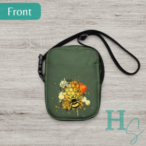 bee splatter crossbody bag purse honeypegs store online yellow orange bee honeycomb splatter painted splatter cute bag artistic small business honeypegs custom purses crossbody bags bee lover gift bee lover merch honeycomb busy bee bag american small business made in usa shipped in usa bee splatter painted artistic bag unique gifts unique artistic bag honeypegs small artist online store custom apparel custom merch printing and design two pocket inside pocket crossbody bag outside pocket cute printed crossbody womens purrse bag