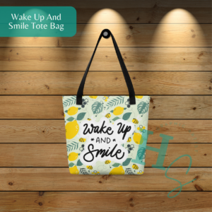 wake up and smile bees lemons tote bag honeypegs store online bee lover summertime tote bag cute positive attitude gift positivity gift honeypegs small artist online store custom merch custom apparels womens bags and totes purses bee lover gift unique bee lover gifts custom printed bags american made honeypegs shipped in usa small business