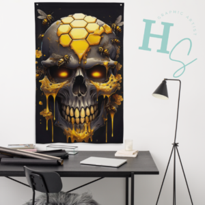 black honeycomb skull flag wall hang honeypegs online store melting honey skull honeycomb skull head black grunge style wall hang online store custom apparel custom home decor graphic artist made in usa shipped in usa skull punk style flag wall hang skull lover bee lover flag interior flag wall hang dripping honey skull oozing melting honey bee skull beehive skull flag