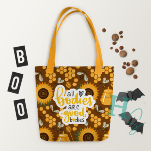 bee bodies tote bag all bodies are good bodies cute tote bag honeypegs online store website ecommerce small American business made in usa shipped in usa bee bodies honeybee autumn sunflower bag tote bag custom apparel bee lover gift tote bag lover tote purse bees honeycomb and sunflowers fall tote bag honeypegs online store graphic artist funslower honeycomb tote bag womens bag fall sunflowers festival bag sunflower body positivity bag love your body tote bag happy cute positivity bag gift friend gift sister love gift